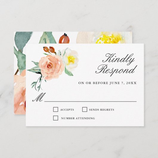 Perzikkleurige en witte Waterverf Floral Wedding R RSVP Kaartje (Voorkant / Achterkant)