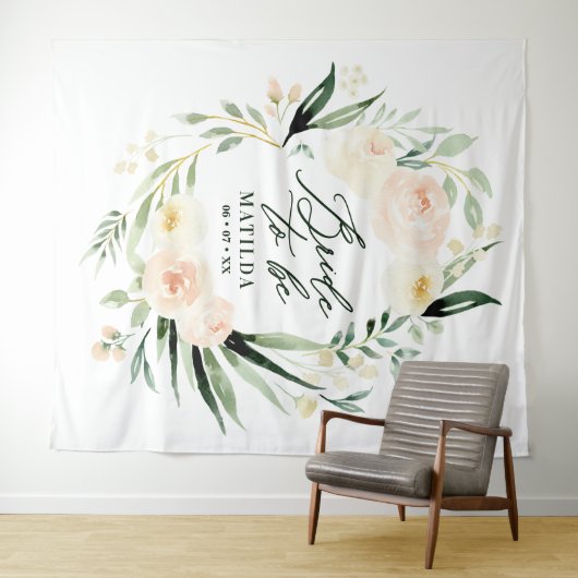 Perzikkleurige + groene waterverf floraalbruin om  wandkleed (In Situ (horizontaal))