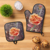  perzikkleurige perenbloem ovenwant & pannenlap set (Top down)