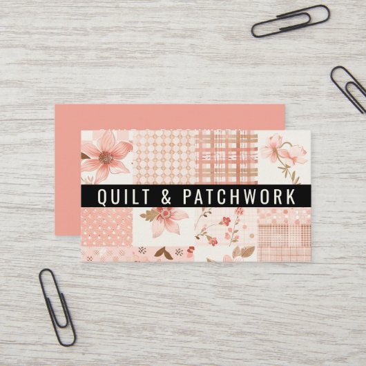 Perzikkleurige Quilt Patchwork Handgemaakte Kledin Visitekaartje (Voorkant / Achterkant in situ)