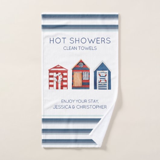 Perzikkleurige strepen parasols aangepaste tekst a bad handdoek (Handdoek)