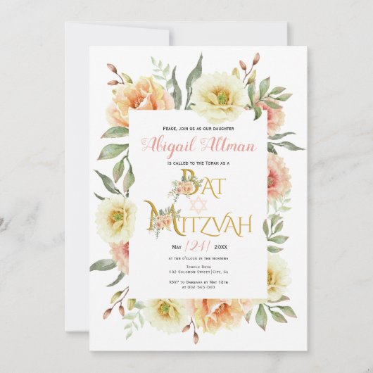 Perzikkleurige waterverf bloemenvleermuis Mitzvah Kaart (Voorkant)