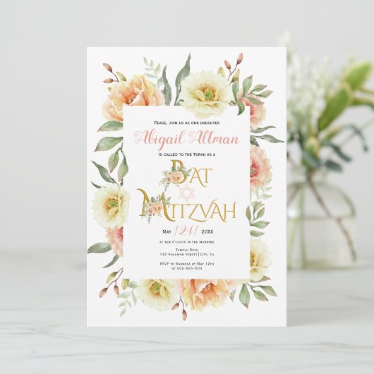 Perzikkleurige waterverf bloemenvleermuis Mitzvah Kaart (Staand voorkant)