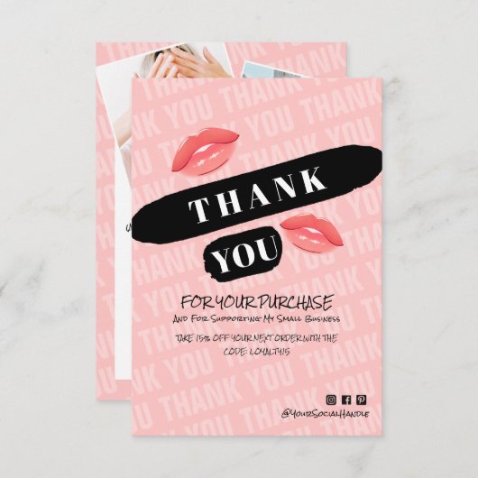 Perzikkleurige zwarte penseelstreek Kiss Fotovolgo Bedankkaart (Voorkant / Achterkant)