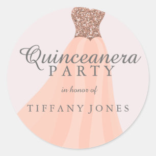 Perzikkoraal Glitter Gown Quinceanera Ronde Sticker