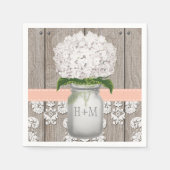 Perzikkoraal Monogrammed Witte Hydrangea Mason Jar Servetten (Voorkant)