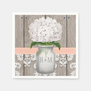 Perzikkoraal Monogrammed Witte Hydrangea Mason Jar Servetten
