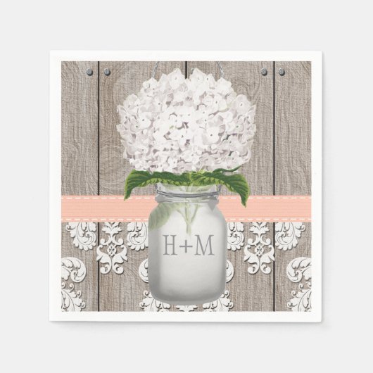 Perzikkoraal Monogrammed Witte Hydrangea Mason Jar Servetten (Voorkant)