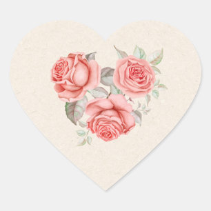  perzikkoraal Rozen Greenery Leaves Wedding Hart Sticker