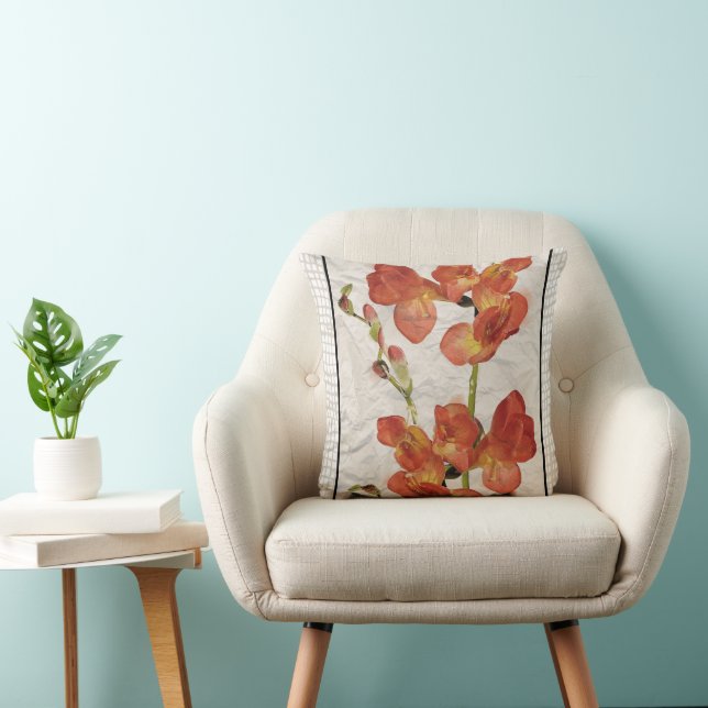 Perzikkoraal Waterverf Aziatische Floral Orchids Kussen (Stoel)