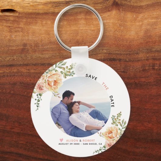 Perzikkoraal waterverf bloemen foto sleutelhanger (Voorkant)