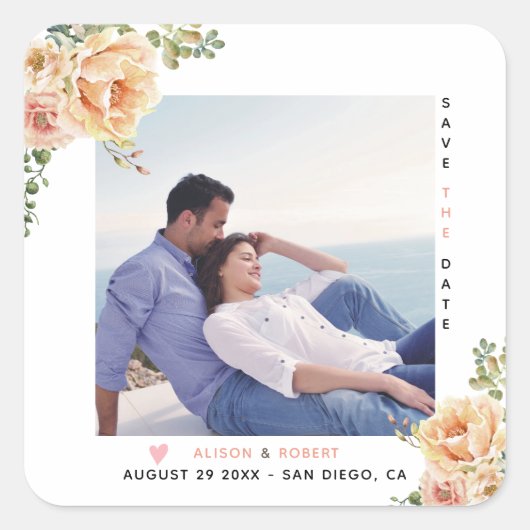 Perzikkoraal waterverf bloemen foto vierkante sticker (Voorkant)