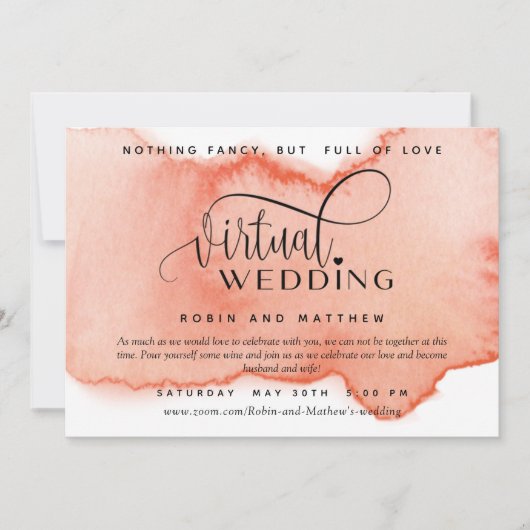 Perzikkoraal Waterverf, online virtueel huwelijk Kaart (Voorkant)