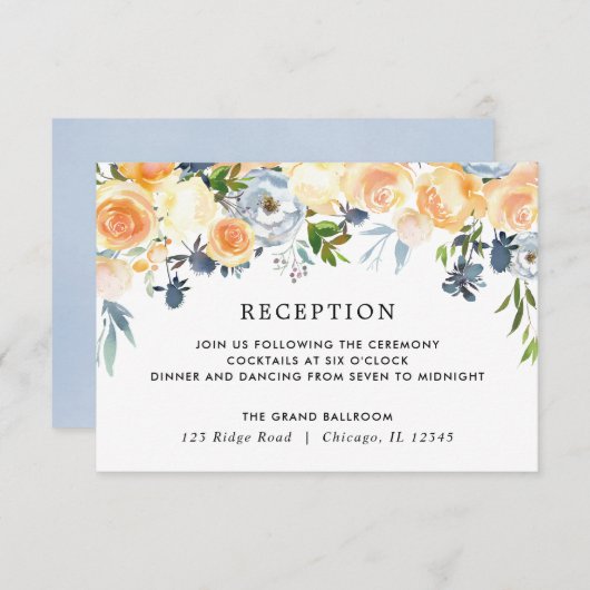 Perzikkoraalblauwe florale waterverf ontvangst informatiekaartje (Voorkant / Achterkant)