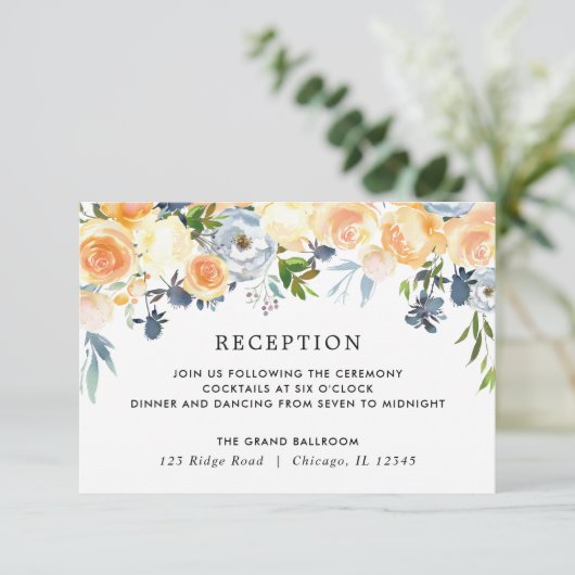 Perzikkoraalblauwe florale waterverf ontvangst informatiekaartje (Staand voorkant)