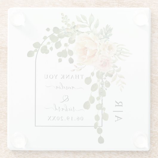 Perzikkoraalbloemen, boog- en monogram bruiloft glazen onderzetter (Achterkant)