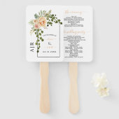 Perzikkoraalbloemen, initialen trouwprogramma handwaaier (Voorkant en achterkant)