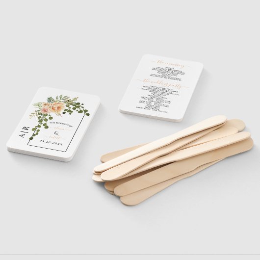 Perzikkoraalbloemen, initialen trouwprogramma handwaaier (Niet-gemonteerd)