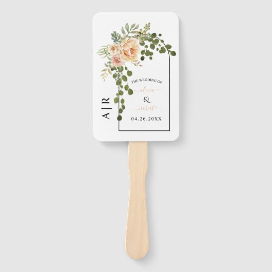 Perzikkoraalbloemen, initialen trouwprogramma handwaaier (Voorkant)