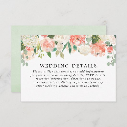Perzikkoraalgroenbruinzomer huwelijksgegevens informatiekaartje (Voorkant / Achterkant)