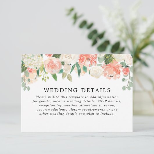 Perzikkoraalgroenbruinzomer huwelijksgegevens informatiekaartje (Staand voorkant)