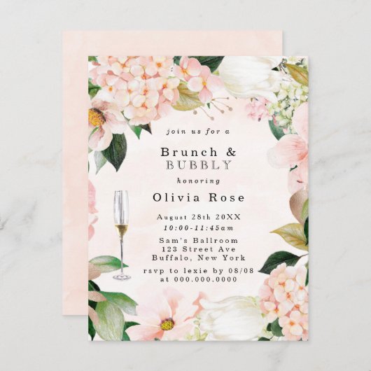 Perzikkream Hydrangeas Brunch & Bubable Invite Kaart (Voorkant / Achterkant)