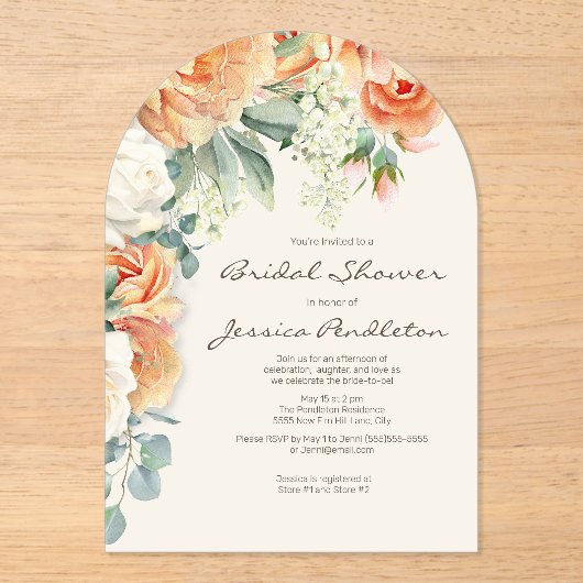 Perzikkreem Floral Eucalyptus Vrijgezellenfeest Acryl Uitnodigingen (Voorkant)