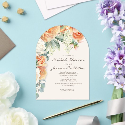 Perzikkreem Floral Eucalyptus Vrijgezellenfeest Acryl Uitnodigingen (Insitu (Huwelijk))