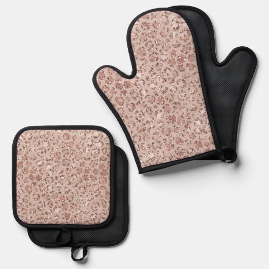 Perzikkrem Blush leopard Print Glitter Ovenwant & Pannenlap Set (Voorkant / Achterkant)