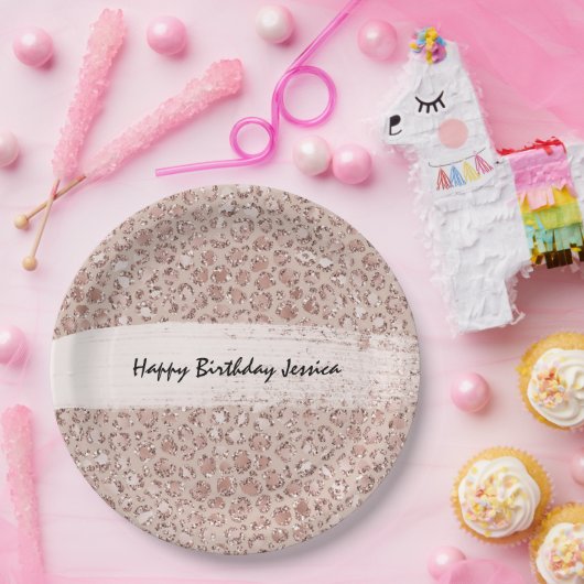Perzikkrem Blush leopard Print Glitter Papieren Bordje (Feest)