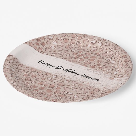Perzikkrem Blush leopard Print Glitter Papieren Bordje (Gekanteld)
