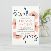 Perzikkrem en blauwe drijfveren Rustic Wedding Kaart (Staand voorkant)