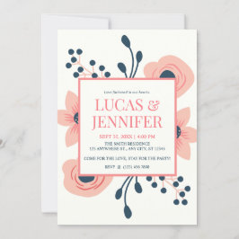 Perzikkrem en blauwe drijfveren Rustic Wedding Kaart