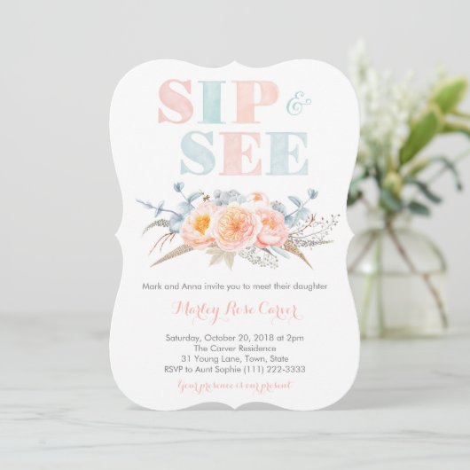 Perzikmannetje Meet Baby Girl of Sip en zie Partij Kaart (Staand voorkant)