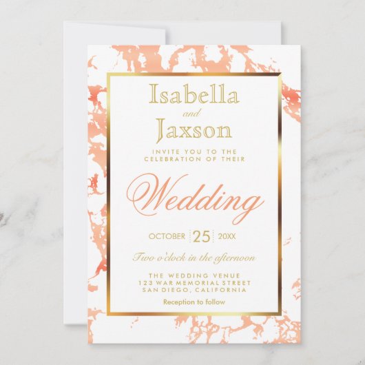 Perzikmarmer, gouden en witte uitnodiging (Voorkant)