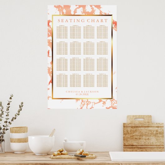 Perzikmarmer, gouden en witte - zittingskaart poster (Keuken)