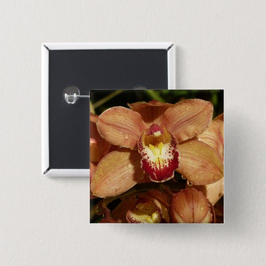 Perzikorchideeën met regendruppels vierkante button 5,1 cm (Voorkant /achterkant)