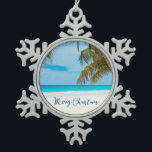 Perzikpalmboom voor kerstsierbomen tin sneeuwvlok ornament<br><div class="desc">Kerstkerstversieringen met een strand - paaikeramiek in de vorm van sneeuwvlokken met palmboom en vrolijke kersttekst</div>