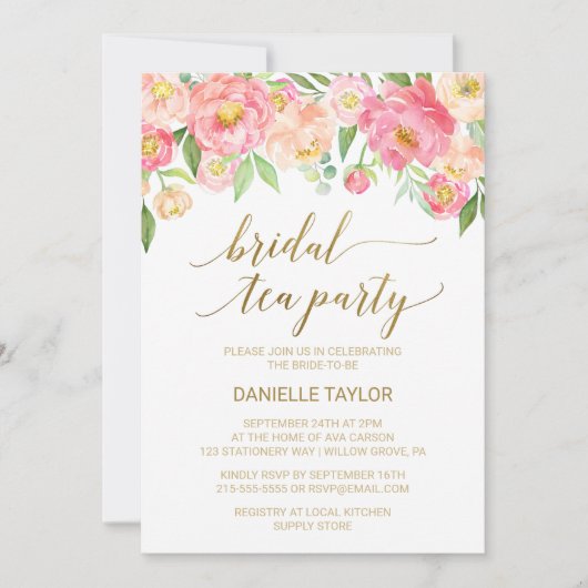 Perzikpartij en Pink Peony Flowers Bridal Tea Part Kaart (Voorkant)