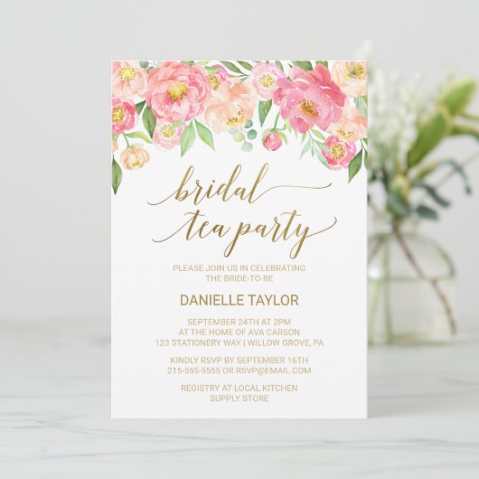 Perzikpartij en Pink Peony Flowers Bridal Tea Part Kaart (Staand voorkant)