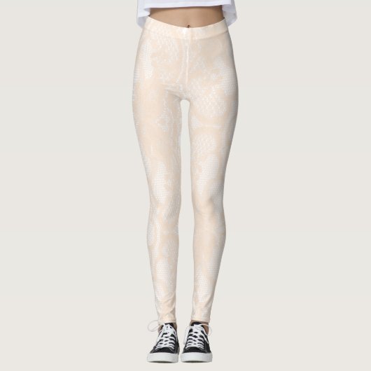 Perzikpasta Floral Delicate Powder Cream Lace Leggings (Voorkant)