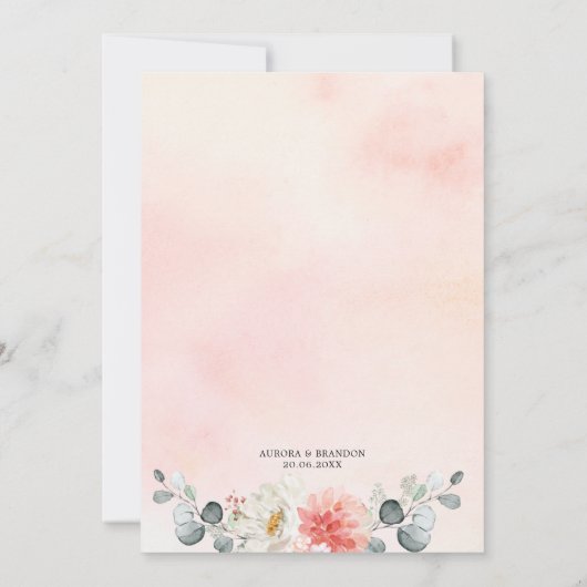 Perzikpasteitje Pastel Pink Floral Wedden Kaart (Achterkant)