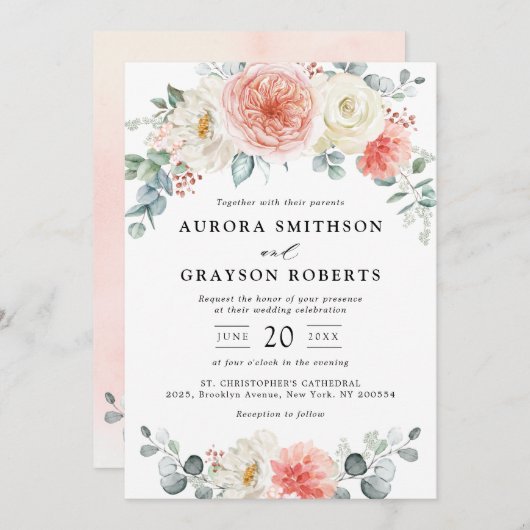 Perzikpasteitje Pastel Pink Floral Wedden Kaart (Voorkant / Achterkant)