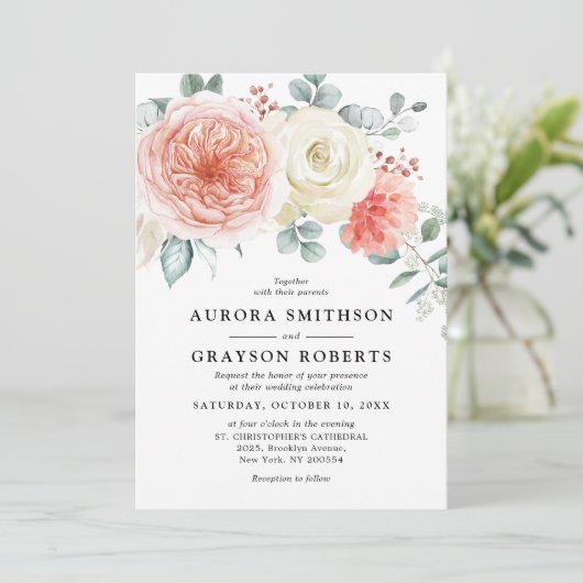 Perzikpasteitje Pastel Pink Floral Wedden Kaart (Staand voorkant)