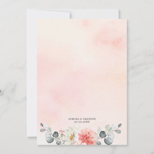 Perzikpasteitje Pastel Pink Floral Wedden Kaart (Achterkant)