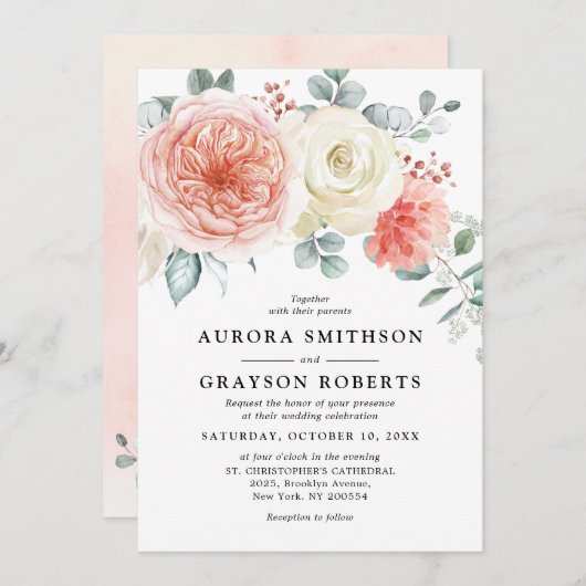 Perzikpasteitje Pastel Pink Floral Wedden Kaart (Voorkant / Achterkant)