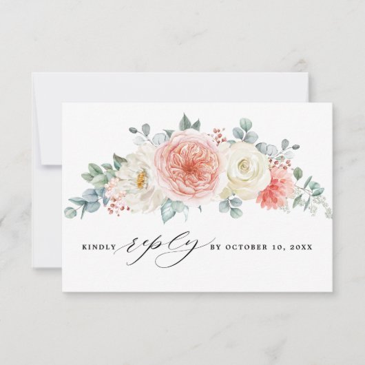 Perzikpasteitje Pastel Pink Floral Wedden RSVP Kaartje (Voorkant)