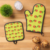 Perzikpatroon op geel ovenwant & pannenlap set (Top down)