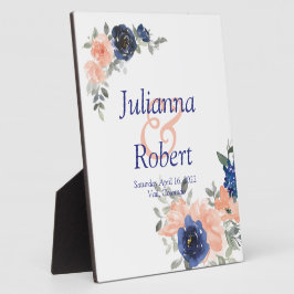 Perzikpleisters en blauwe waterverf florale bruilo fotoplaat