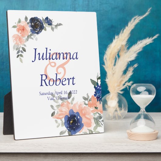 Perzikpleisters en blauwe waterverf florale bruilo fotoplaat (Zijkant)